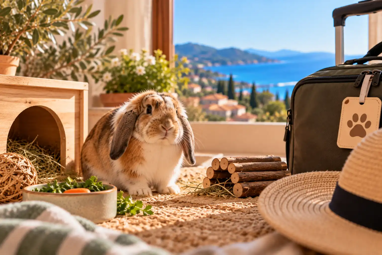 Lapin bélier installé près de son abri et de sa nourriture, avec une valise en arrière-plan dans un intérieur lumineux.