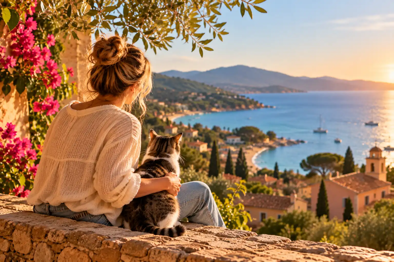 Cat sitter assise près d’un chat tigré et blanc sur une terrasse provençale avec vue sur la baie méditerranéenne.