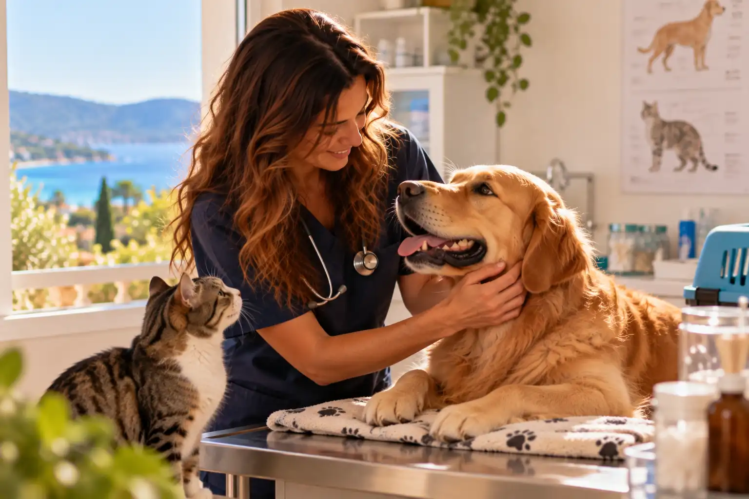 Pet sitter en blouse de travail prenant soin d’un golden retriever et d’un chat dans un cabinet vétérinaire.