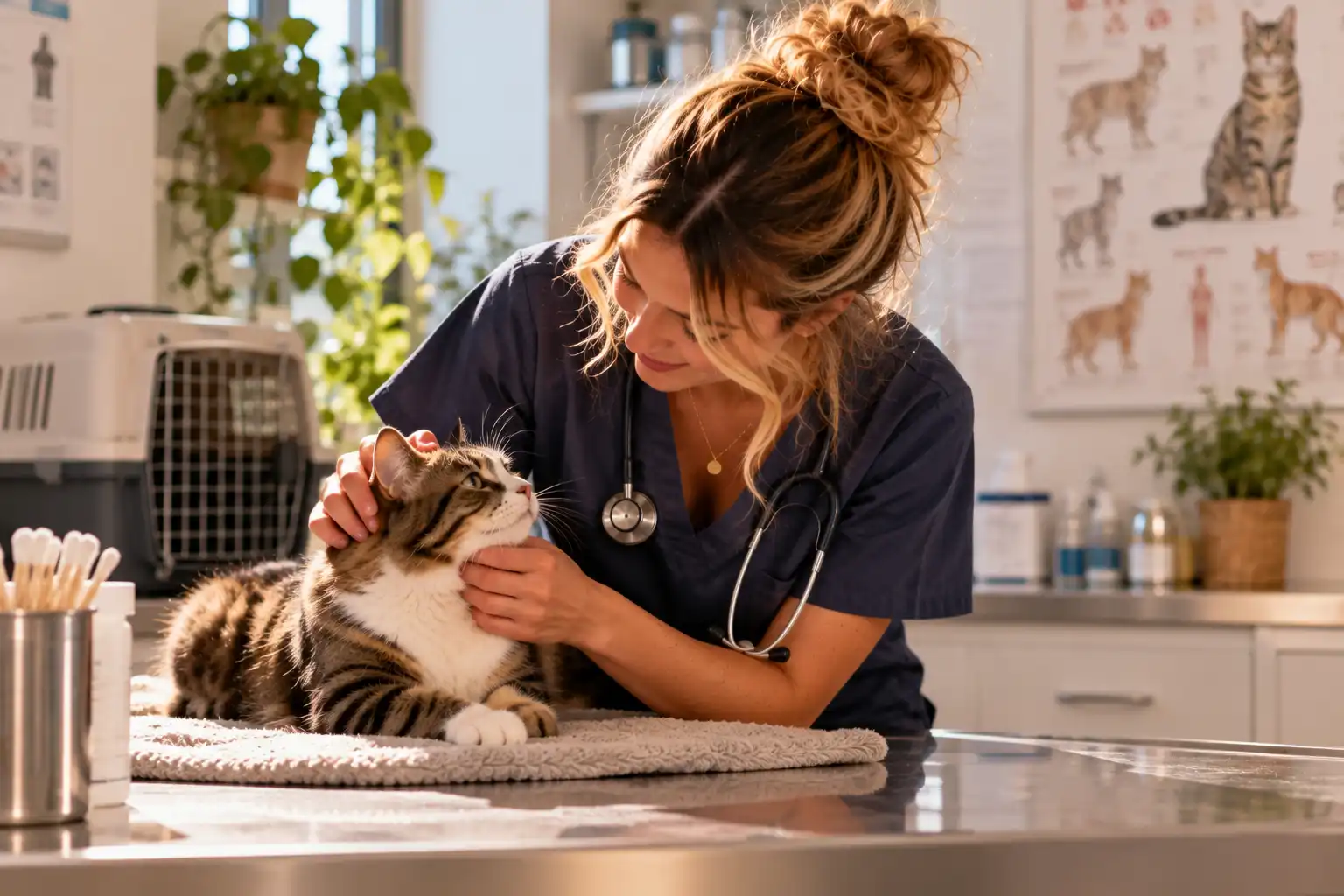 Professionnelle en tenue médicale prenant soin d’un chat tigré et blanc dans un cabinet vétérinaire.