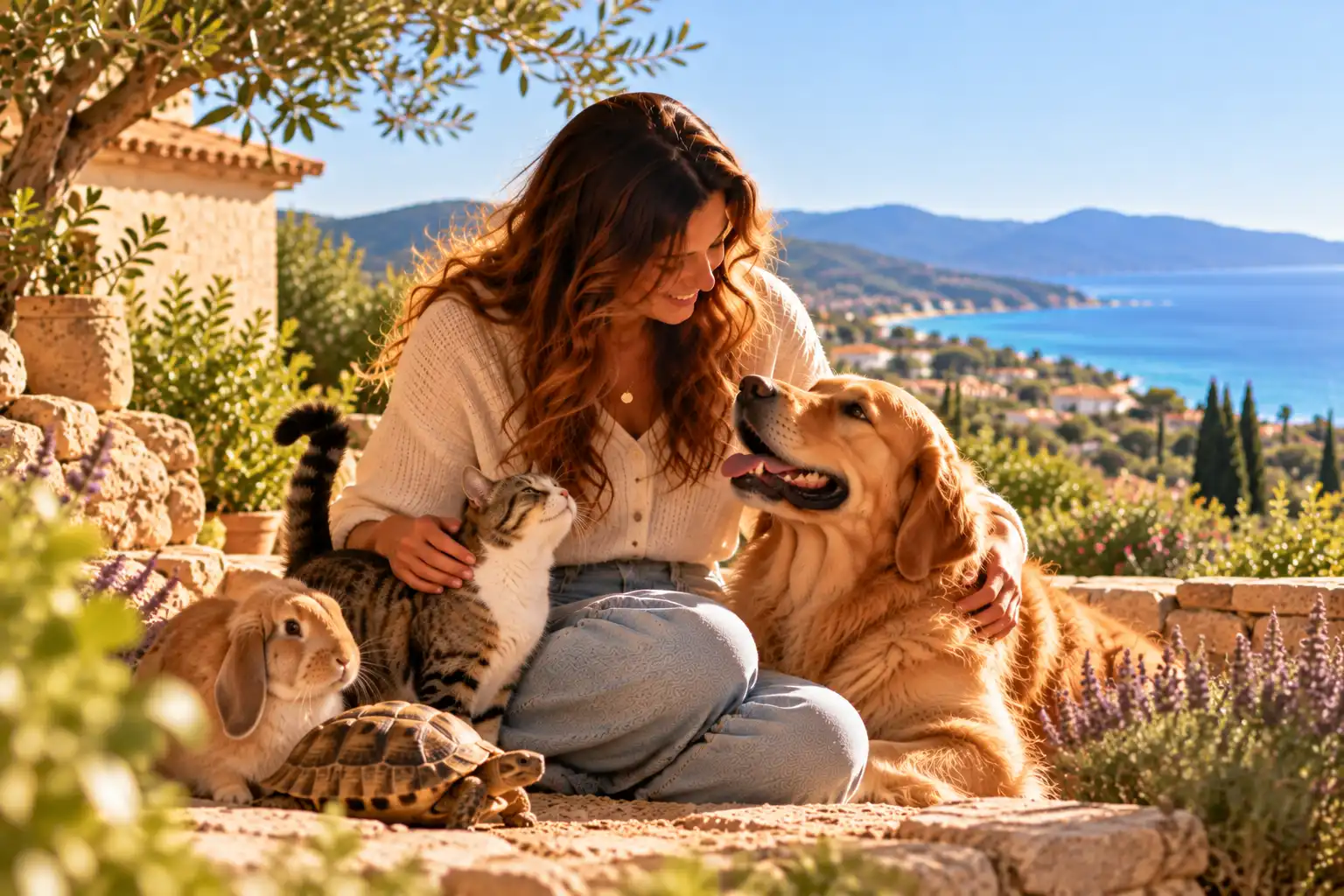 Pet sitter prenant soin d’un chien, d’un chat, d’un lapin et d’une tortue dans un cadre méditerranéen.