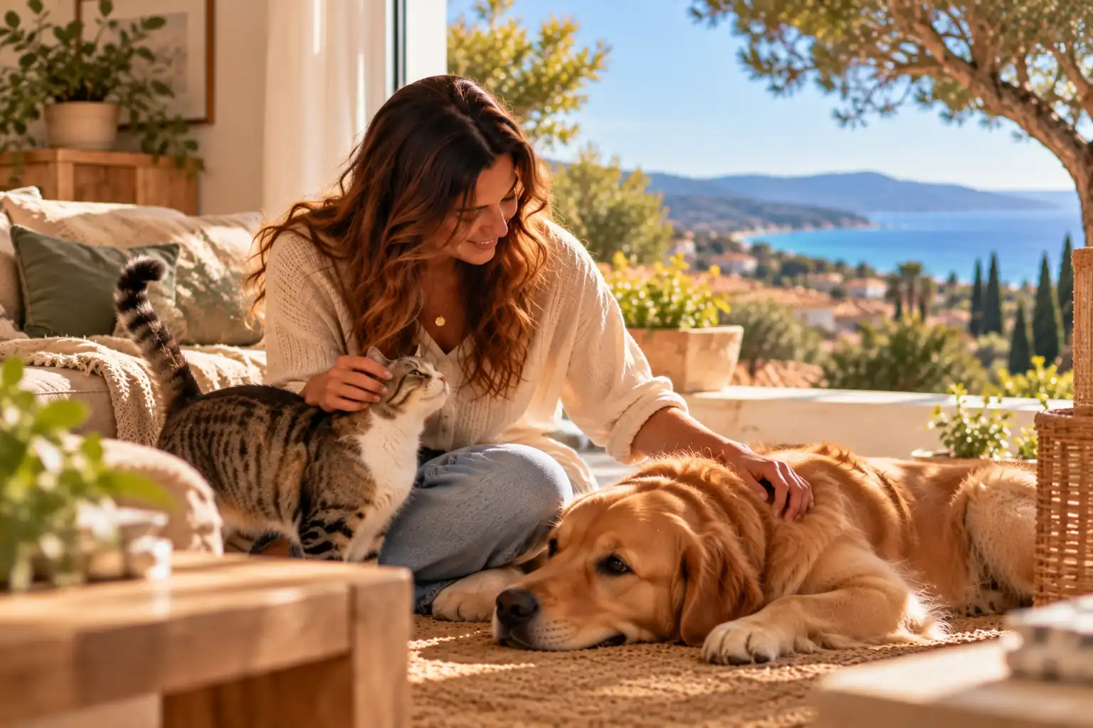 Pet sitter prenant soin d’un chien et d’un chat à domicile dans un intérieur lumineux à La Londe-les-Maures.