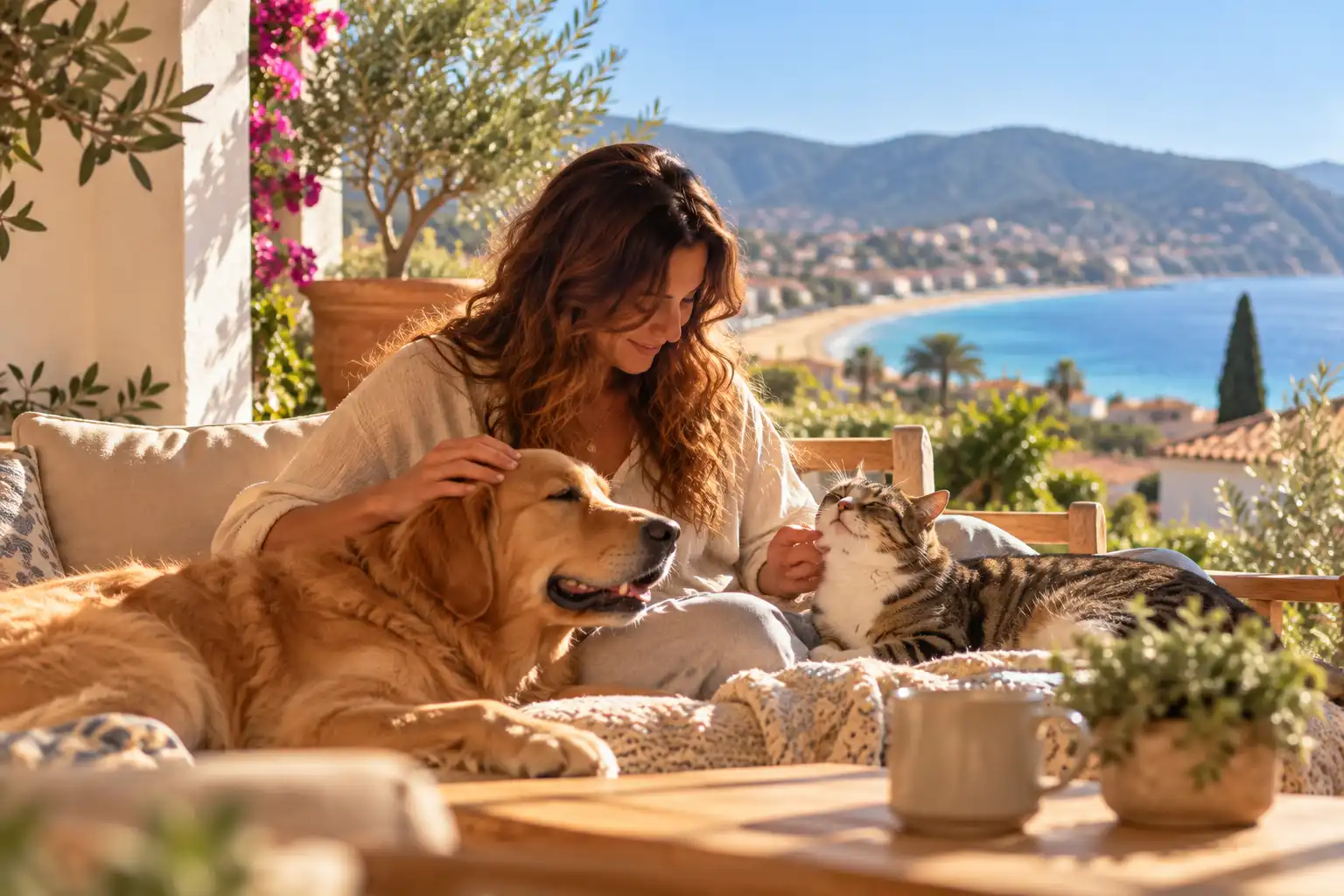 Pet sitter prenant soin d’un chien et d’un chat à domicile dans une ambiance méditerranéenne au Lavandou.