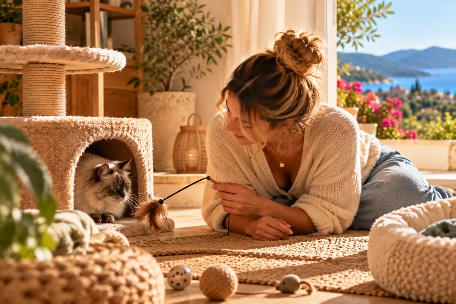 Pet sitter jouant avec un chat à poils longs installé dans son arbre à chat à domicile.
