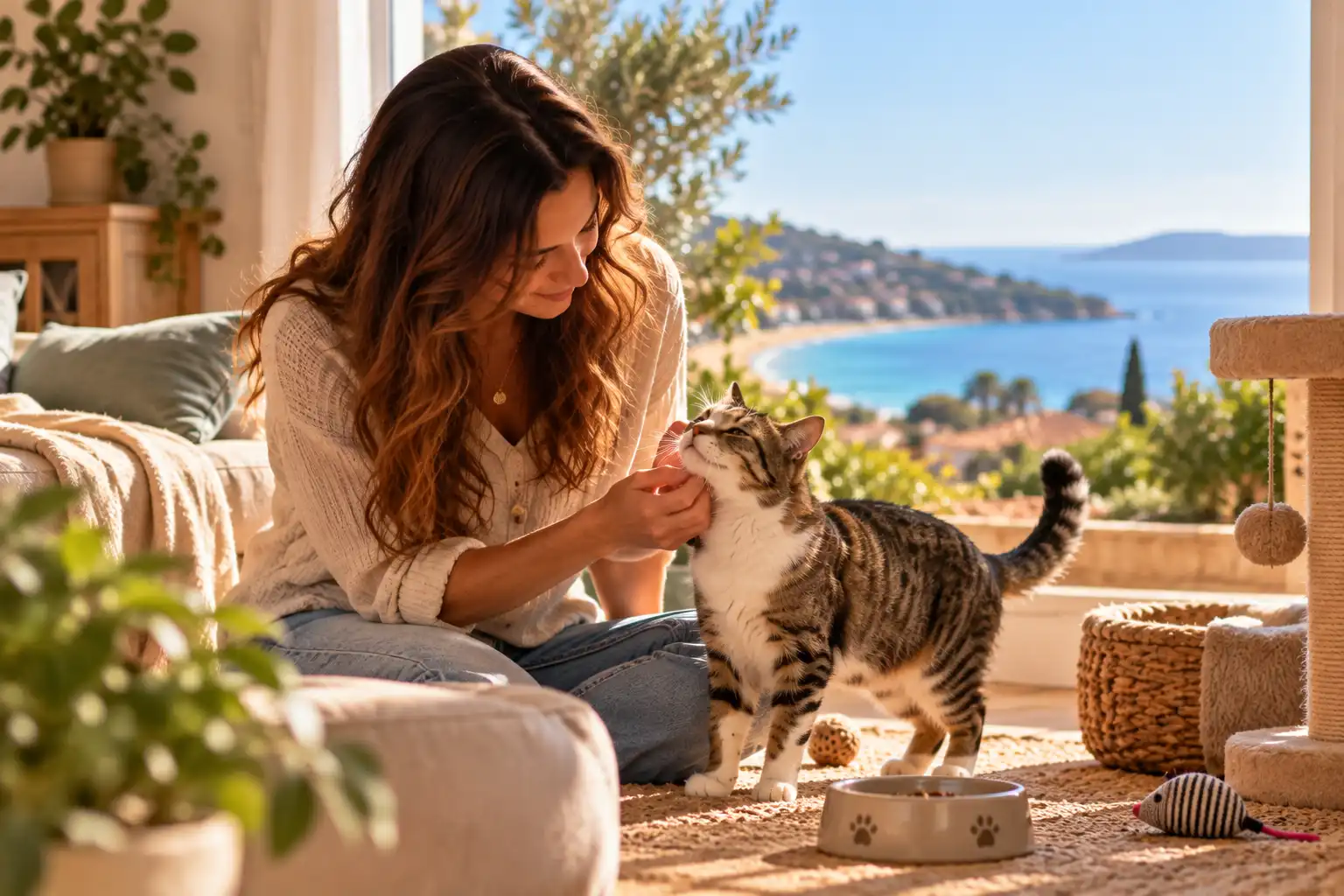 Pet sitter caressant un chat à domicile dans une maison lumineuse au Lavandou.