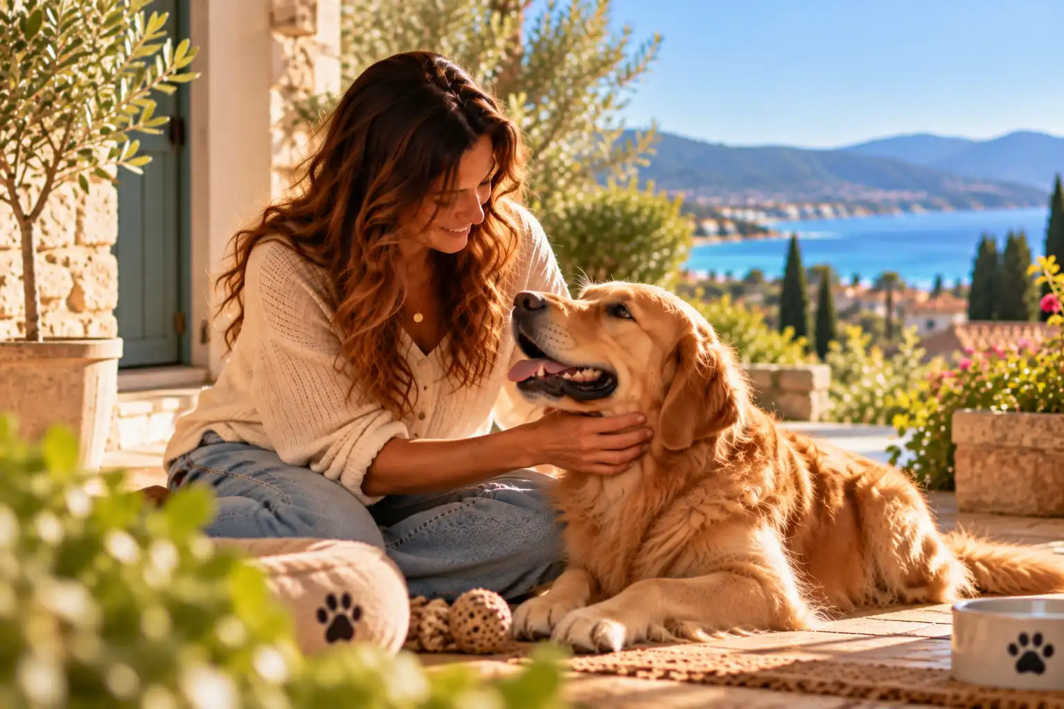 Pet sitter prenant soin d’un golden retriever sur une terrasse ensoleillée à La Londe-les-Maures.