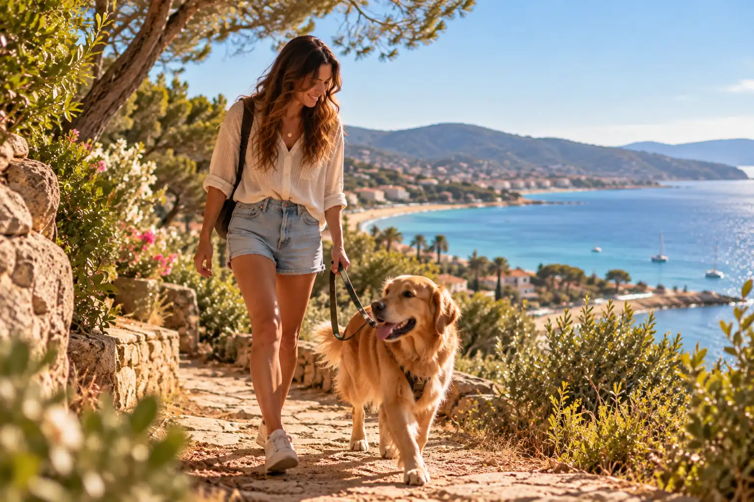 Pet sitter promenant un golden retriever sur un sentier côtier au Lavandou, dans le Var.