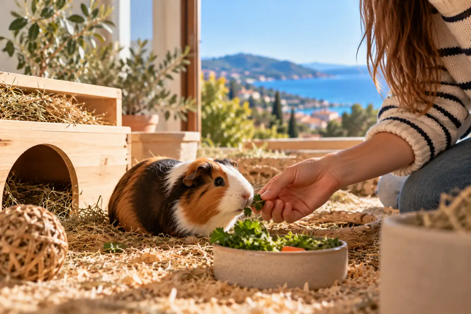 Cochon d’Inde tricolore recevant des feuilles fraîches d’une pet sitter dans son espace de vie.