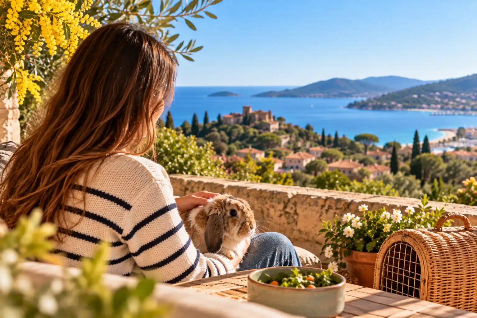 Femme prenant soin d’un lapin bélier sur une terrasse provençale avec vue sur la mer Méditerranée.