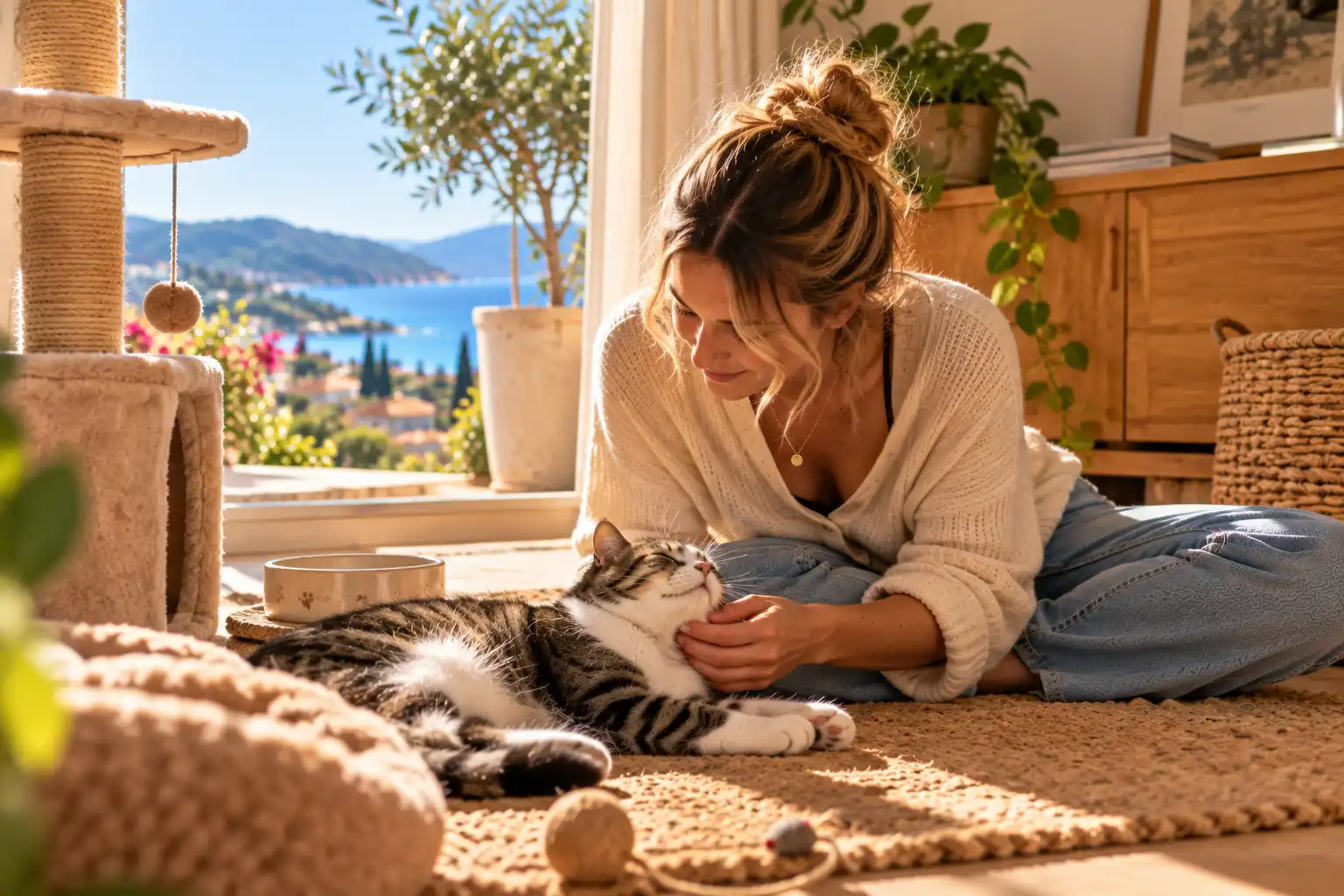Chat tigré et blanc détendu dans son panier pendant une visite de garde à domicile à Bormes-les-Mimosas et au Lavandou.