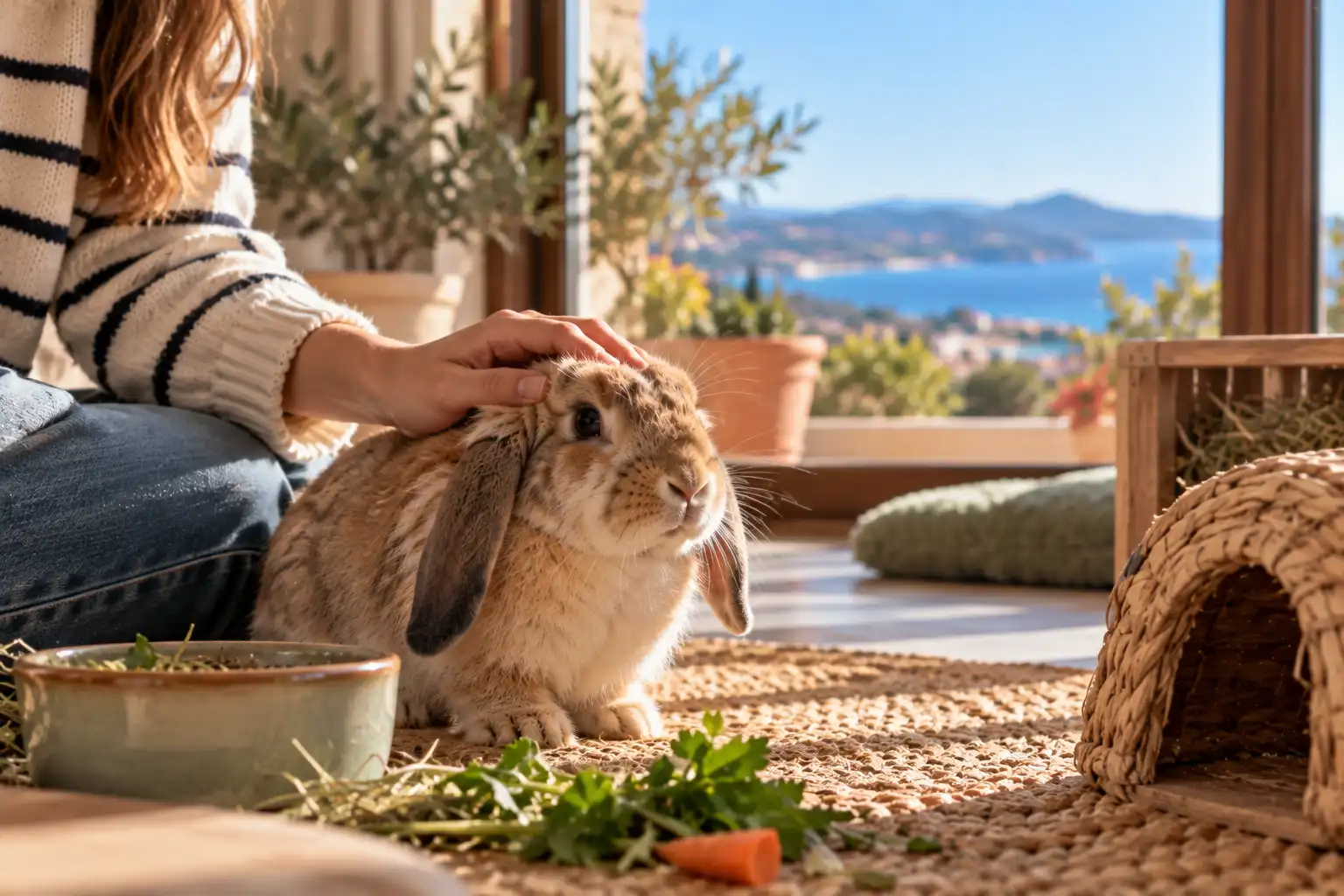 Lapin bélier nain caressé par une personne dans un intérieur lumineux, près de son abri et de sa nourriture.