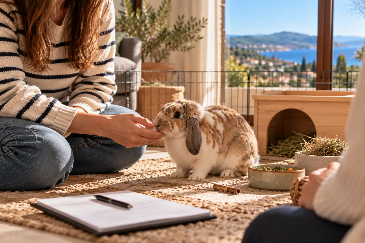 Pet sitter faisant connaissance avec un lapin bélier dans un salon lumineux, en présence de son propriétaire.