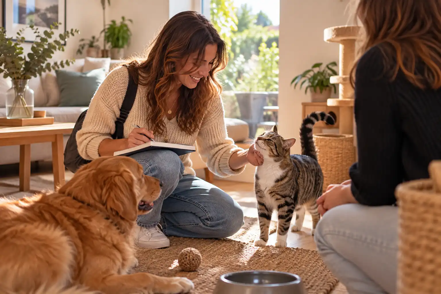 Pet sitter faisant connaissance avec un chat et un chien lors d’une première rencontre à domicile