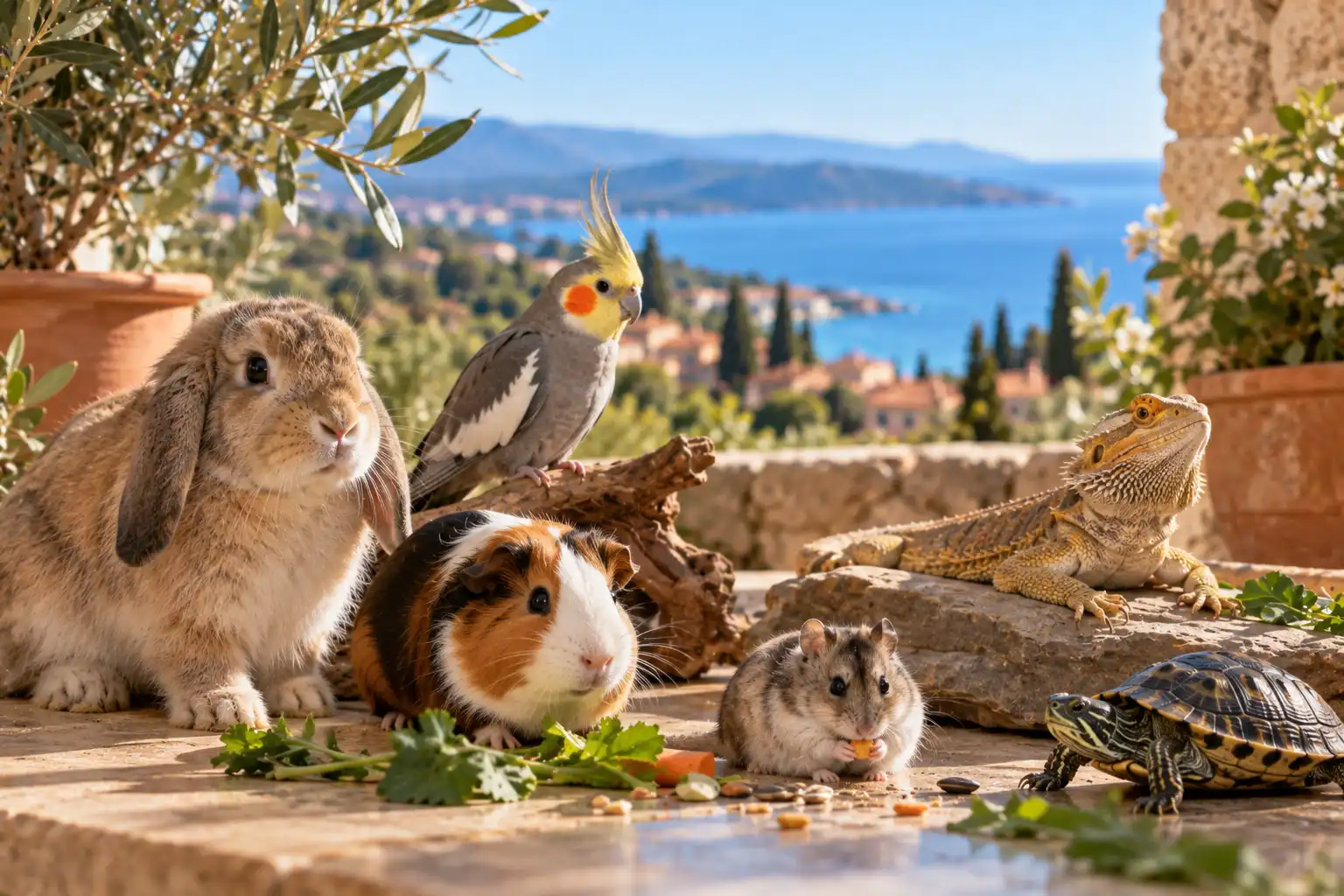 Lapin bélier, cochon d’Inde, perruche calopsitte, hamster, pogona et tortue réunis sur une terrasse ensoleillée.